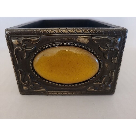 Vintage Art Deco Bakelite Trinket Box Lid Bronze Yellow Gold 4.5"  X 3" Quoizel - Picture 6 of 10